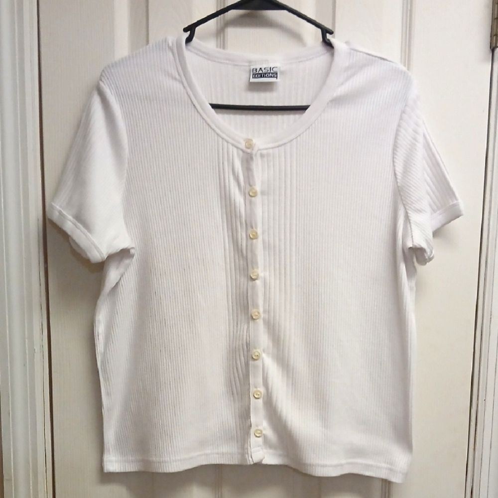 Basic Editions White Button-Up Short Sleeve Mid Cropped Short Sleeve Sweater XL